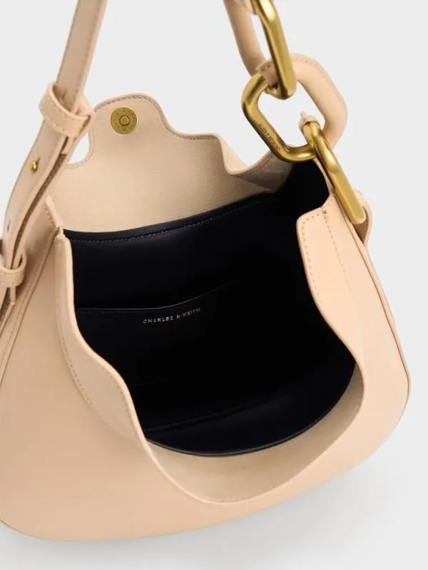 Women Kora MetallicAccent Moon Bag 8211 Beige CHARLES and KEITH Hobo Bags