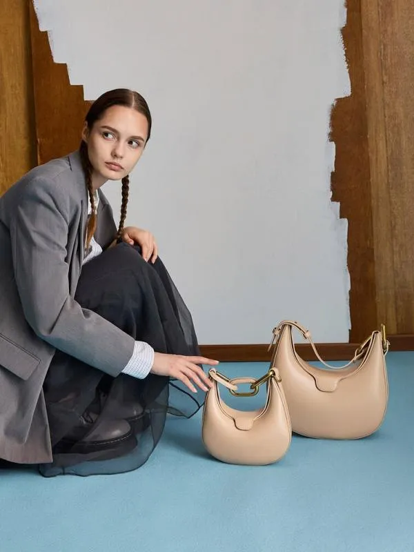 Women Kora MetallicAccent Moon Bag 8211 Beige CHARLES and KEITH Hobo Bags