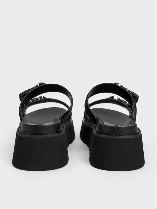 Women Laine MetallicBuckle Flatform Sandals 8211 Black CHARLES and KEITH Sandals