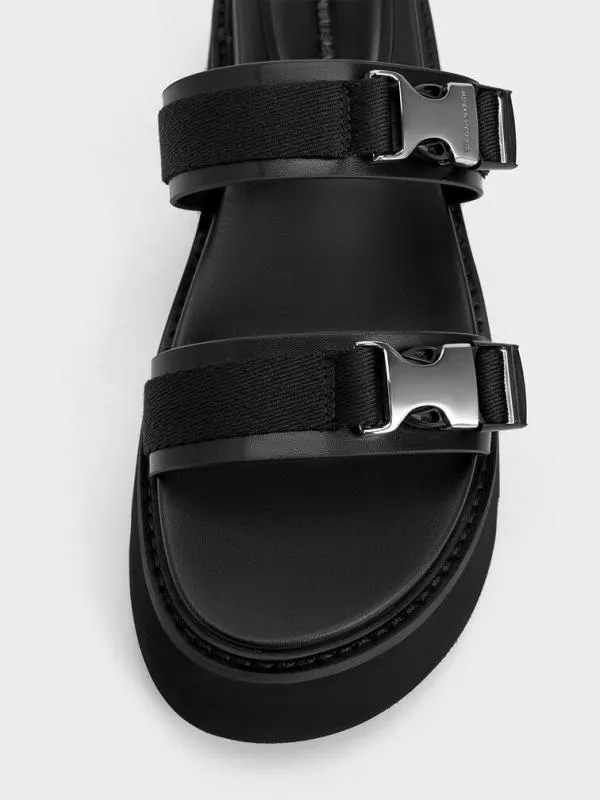 Women Laine MetallicBuckle Flatform Sandals 8211 Black CHARLES and KEITH Sandals