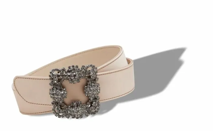 Women Light Beige Satin Crystal Buckled Belt Manolo Blahnik Belts