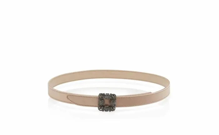 Women Light Beige Satin Crystal Buckled Belt Manolo Blahnik Belts