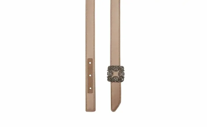 Women Light Beige Satin Crystal Buckled Belt Manolo Blahnik Belts