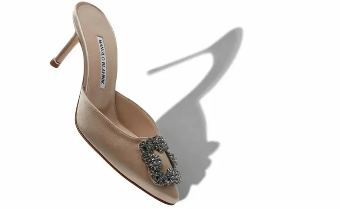Women Light Beige Satin Jewel Buckle Mules Manolo Blahnik Mules