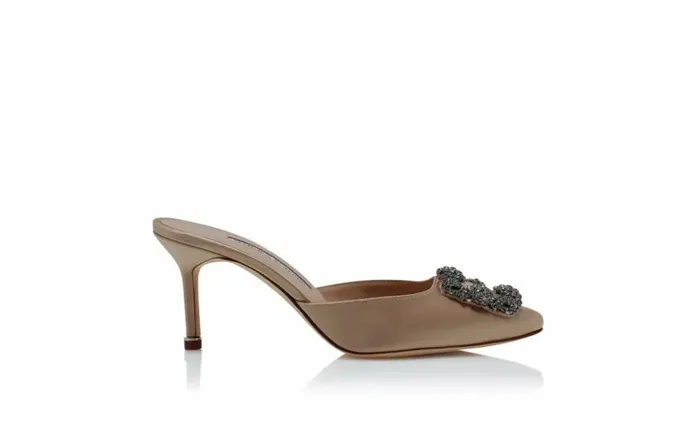 Women Light Beige Satin Jewel Buckle Mules Manolo Blahnik Mules