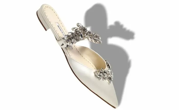 Women Light Cream Satin Crystal Embellished Flat Mules Manolo Blahnik Flats