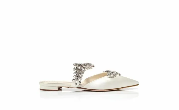 Women Light Cream Satin Crystal Embellished Flat Mules Manolo Blahnik Flats