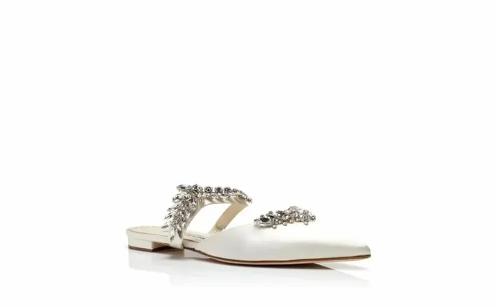 Women Light Cream Satin Crystal Embellished Flat Mules Manolo Blahnik Flats