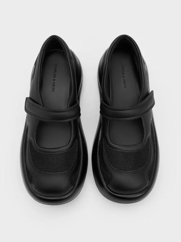 Women Mesh Curved Platform Mary Jane Sneakers 8211 Black Textured CHARLES and KEITH Sneakers
