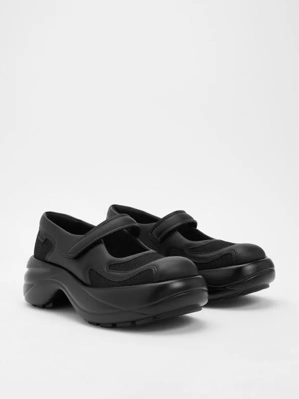 Women Mesh Curved Platform Mary Jane Sneakers 8211 Black Textured CHARLES and KEITH Sneakers