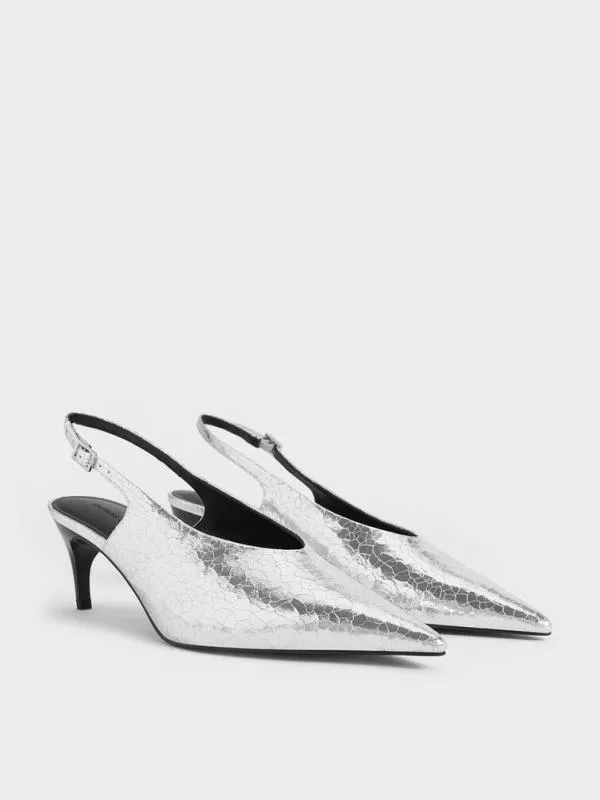 Women Metallic CrinkleEffect PointedToe HighVamp Slingback Pumps 8211 Silver CHARLES and KEITH Heels