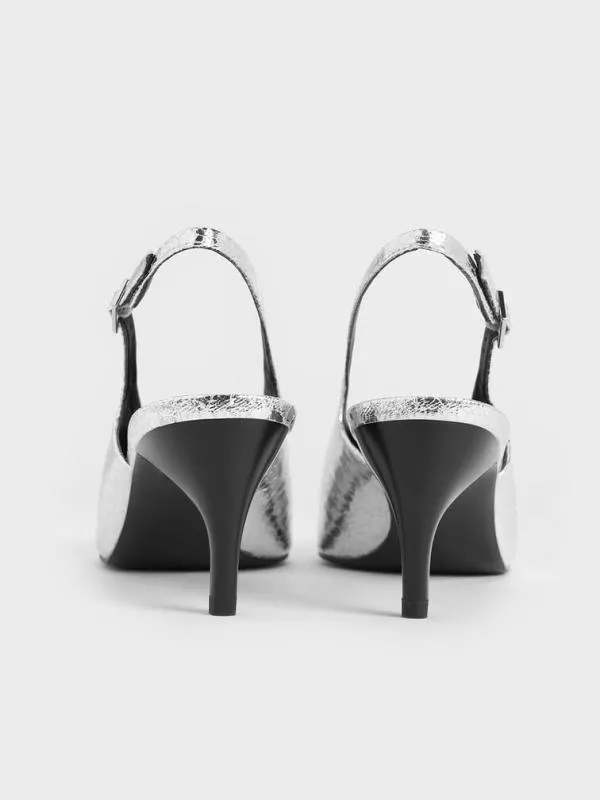 Women Metallic CrinkleEffect PointedToe HighVamp Slingback Pumps 8211 Silver CHARLES and KEITH Heels