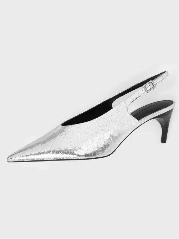 Women Metallic CrinkleEffect PointedToe HighVamp Slingback Pumps 8211 Silver CHARLES and KEITH Heels
