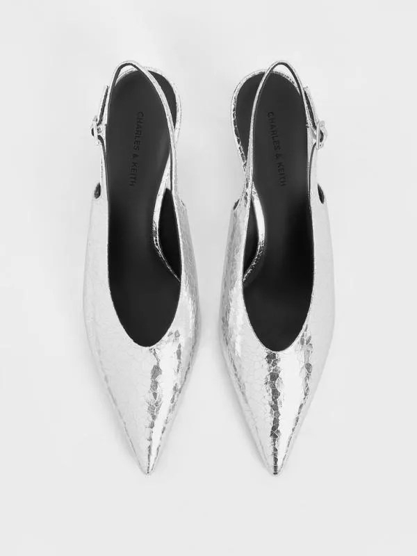 Women Metallic CrinkleEffect PointedToe HighVamp Slingback Pumps 8211 Silver CHARLES and KEITH Heels