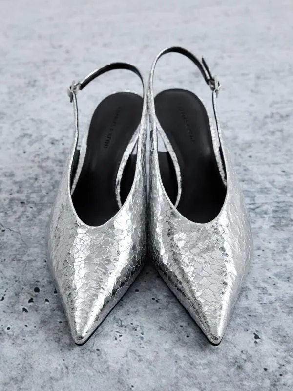 Women Metallic CrinkleEffect PointedToe HighVamp Slingback Pumps 8211 Silver CHARLES and KEITH Heels