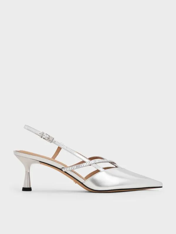 Women Metallic Leather and Satin CrystalEmbellished Slingback Pumps 8211 Silver CHARLES and KEITH Heels Women Metallic Leather and Satin CrystalEmbellished Slingback Pumps 8211 Silver CHARLES and KEITH Heels