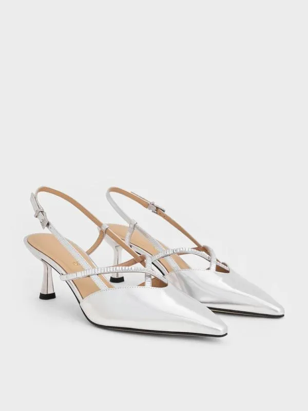 Women Metallic Leather and Satin CrystalEmbellished Slingback Pumps 8211 Silver CHARLES and KEITH Heels