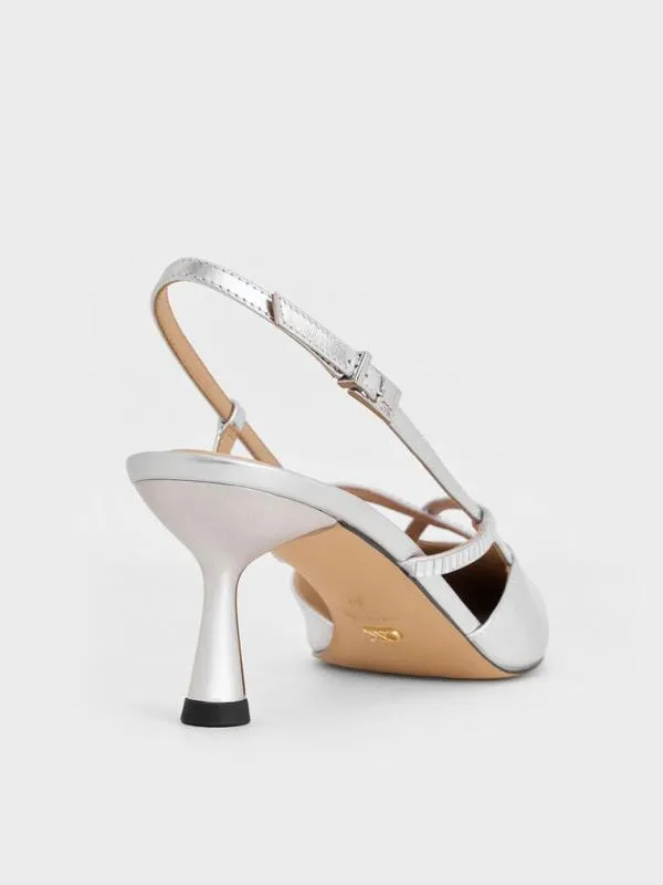 Women Metallic Leather and Satin CrystalEmbellished Slingback Pumps 8211 Silver CHARLES and KEITH Heels