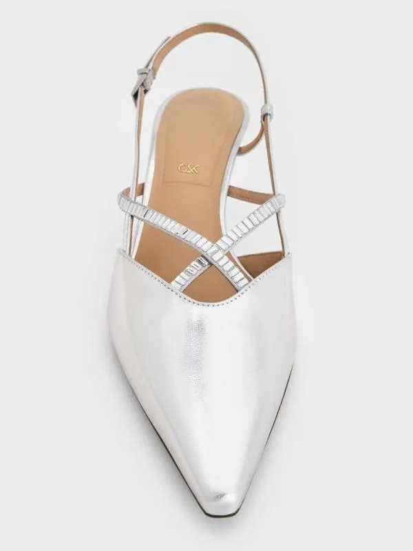 Women Metallic Leather and Satin CrystalEmbellished Slingback Pumps 8211 Silver CHARLES and KEITH Heels