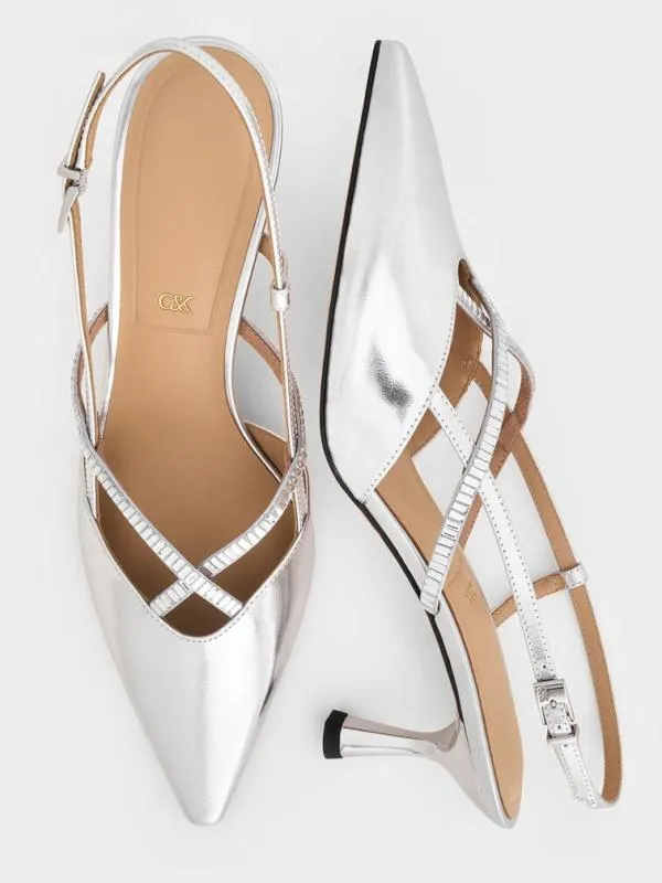 Women Metallic Leather and Satin CrystalEmbellished Slingback Pumps 8211 Silver CHARLES and KEITH Heels