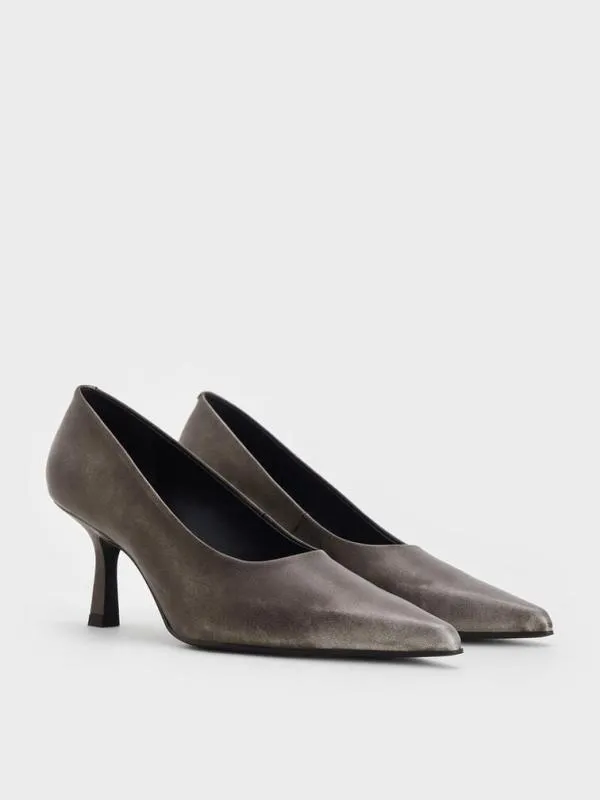 Women Metallic PointedToe KittenHeel Pumps 8211 Silver CHARLES and KEITH Heels