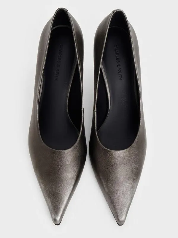 Women Metallic PointedToe KittenHeel Pumps 8211 Silver CHARLES and KEITH Heels