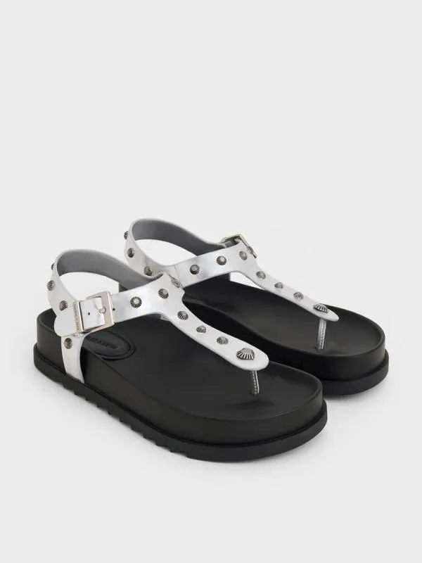 Women Metallic Studded HeartEmbellished Thong Sandals 8211 Silver CHARLES and KEITH Sandals