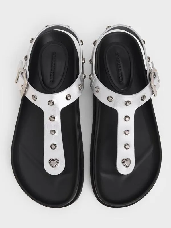 Women Metallic Studded HeartEmbellished Thong Sandals 8211 Silver CHARLES and KEITH Sandals