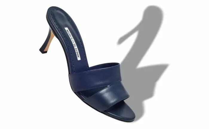 Women Navy Blue Calf Leather Open Toe Mules Manolo Blahnik Mules