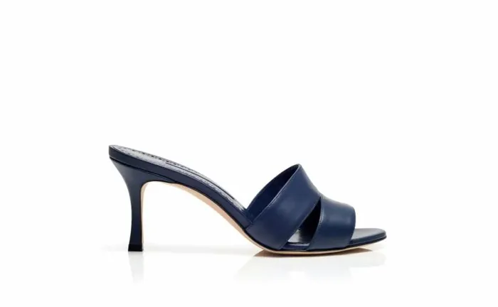 Women Navy Blue Calf Leather Open Toe Mules Manolo Blahnik Mules