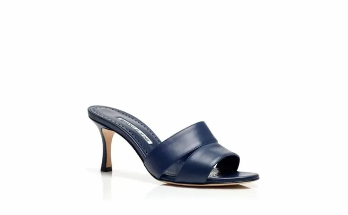 Women Navy Blue Calf Leather Open Toe Mules Manolo Blahnik Mules