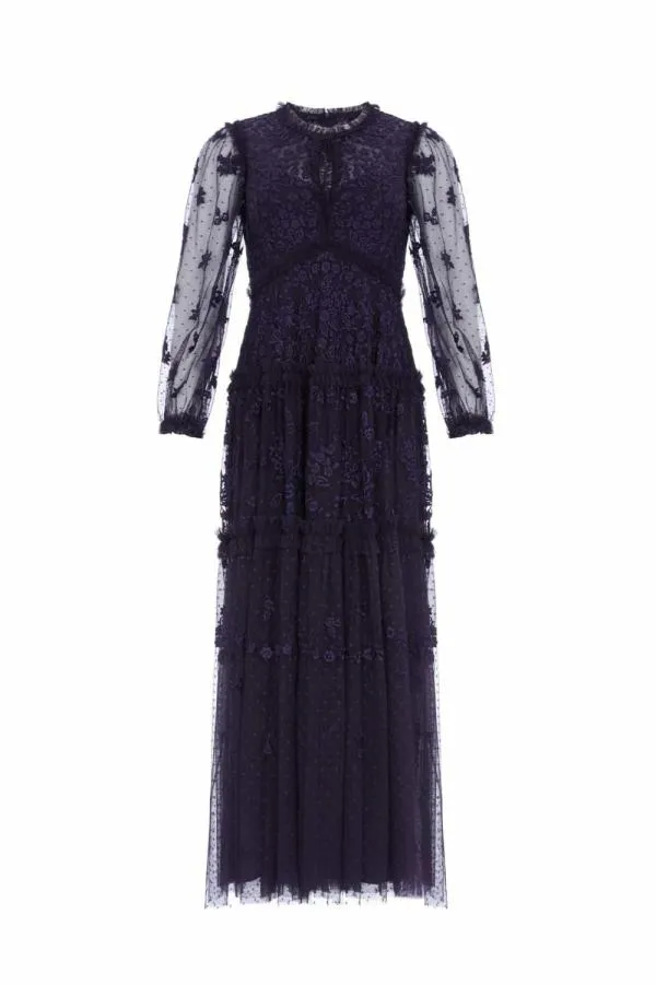 Women Needle and Thread Autumn Lace Long Sleeve Ankle Gown Blue