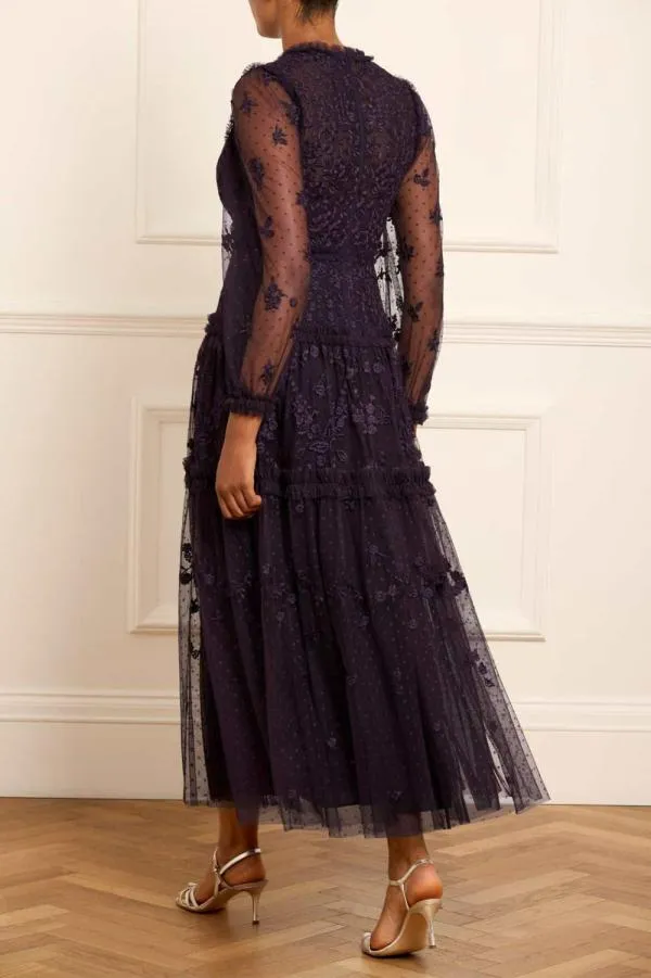 Women Needle and Thread Autumn Lace Long Sleeve Ankle Gown Blue