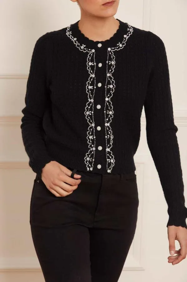 Women Needle and Thread Crystal Border Short Cardigan Black