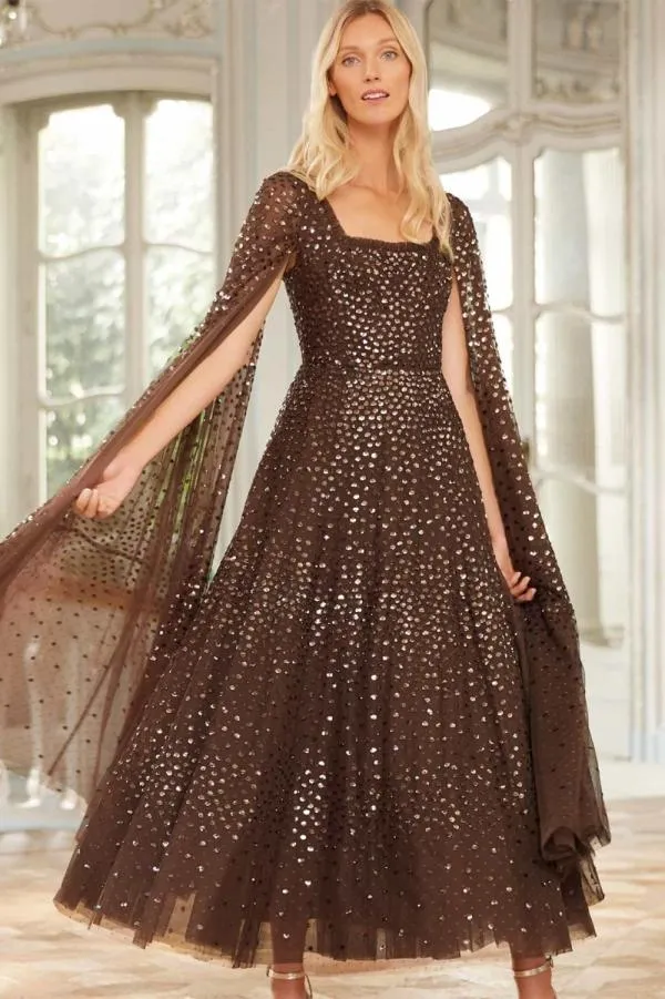 Women Needle and Thread Scatter Dot Cape Sleeve Ankle Gown Brown