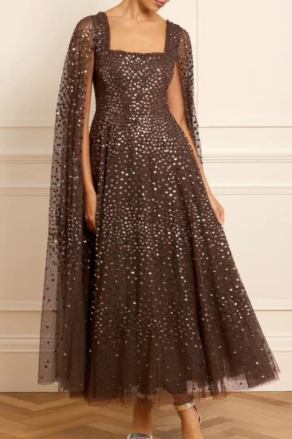 Women Needle and Thread Scatter Dot Cape Sleeve Ankle Gown Brown