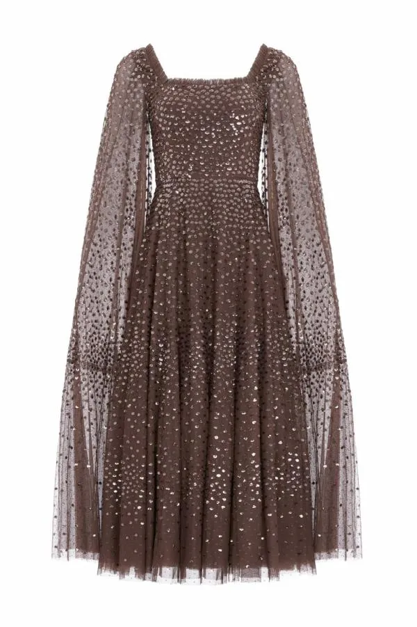 Women Needle and Thread Scatter Dot Cape Sleeve Ankle Gown Brown