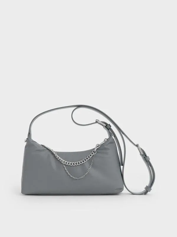 Women Nylon ChainLink Trapeze Shoulder Bag 8211 Grey CHARLES and KEITH Shoulder Bags