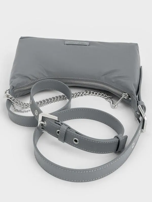 Women Nylon ChainLink Trapeze Shoulder Bag 8211 Grey CHARLES and KEITH Shoulder Bags