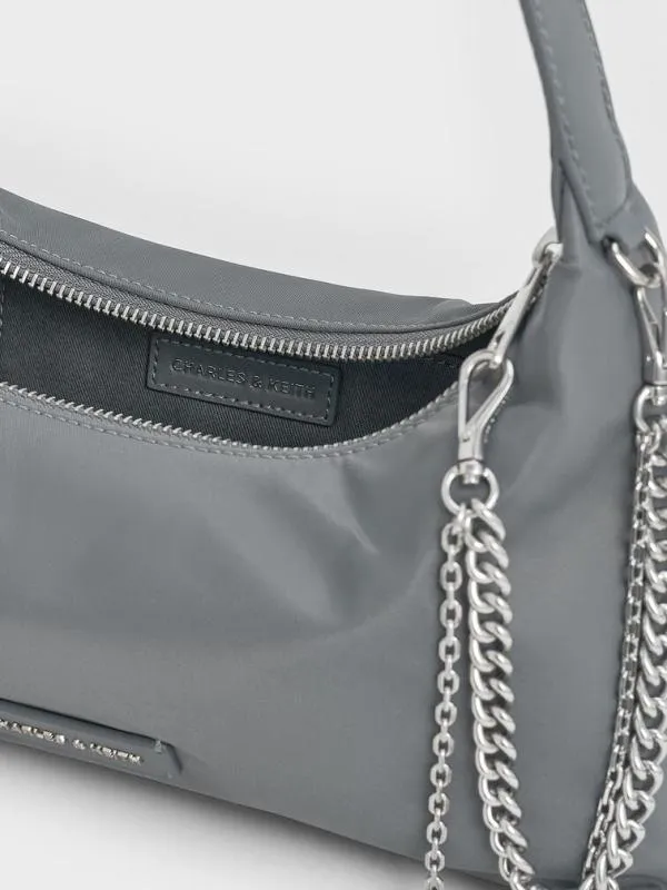 Women Nylon ChainLink Trapeze Shoulder Bag 8211 Grey CHARLES and KEITH Shoulder Bags