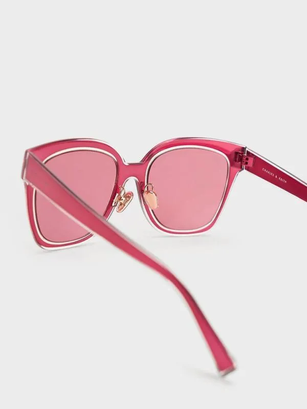 Women Oversized Square Metallic Accent Sunglasses 8211 Fuchsia CHARLES and KEITH Square