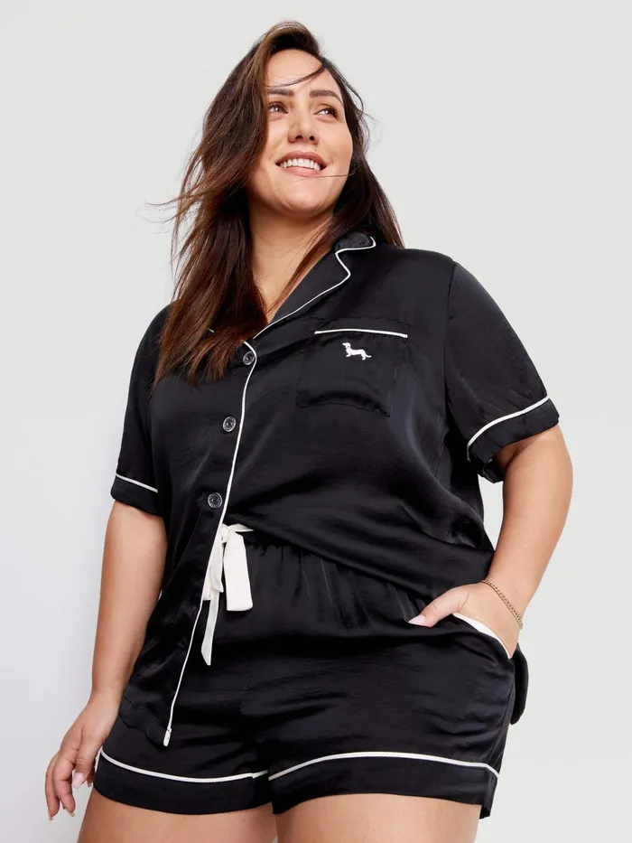 Women PA Plus Black Chic Satin Pj Set Black Peter Alexander Sets and Onesies