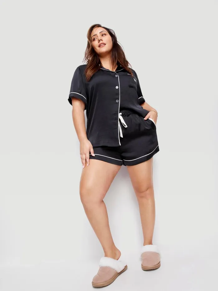 Women PA Plus Black Chic Satin Pj Set Black Peter Alexander Sets and Onesies