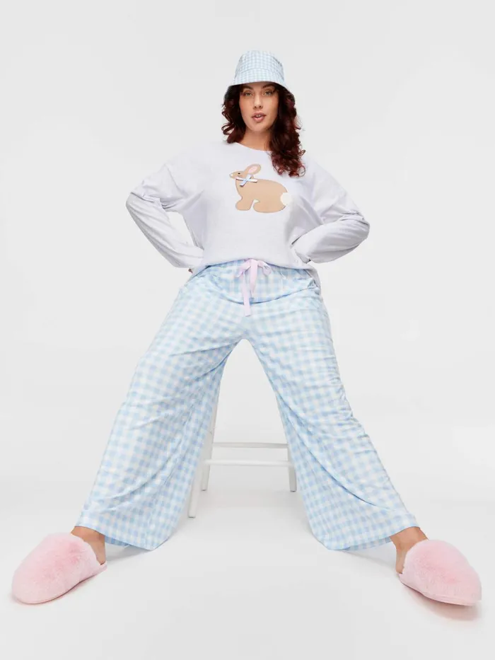 Women PA Plus Blue Plush Gingham Wide Leg Pj Pant Multi Peter Alexander Online Only Styles
