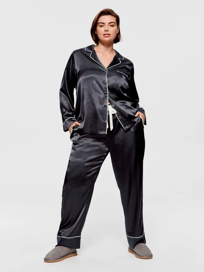Women PA Plus Charcoal Chic Satin Long Sleeve Pj Set Charcoal Peter Alexander Satin