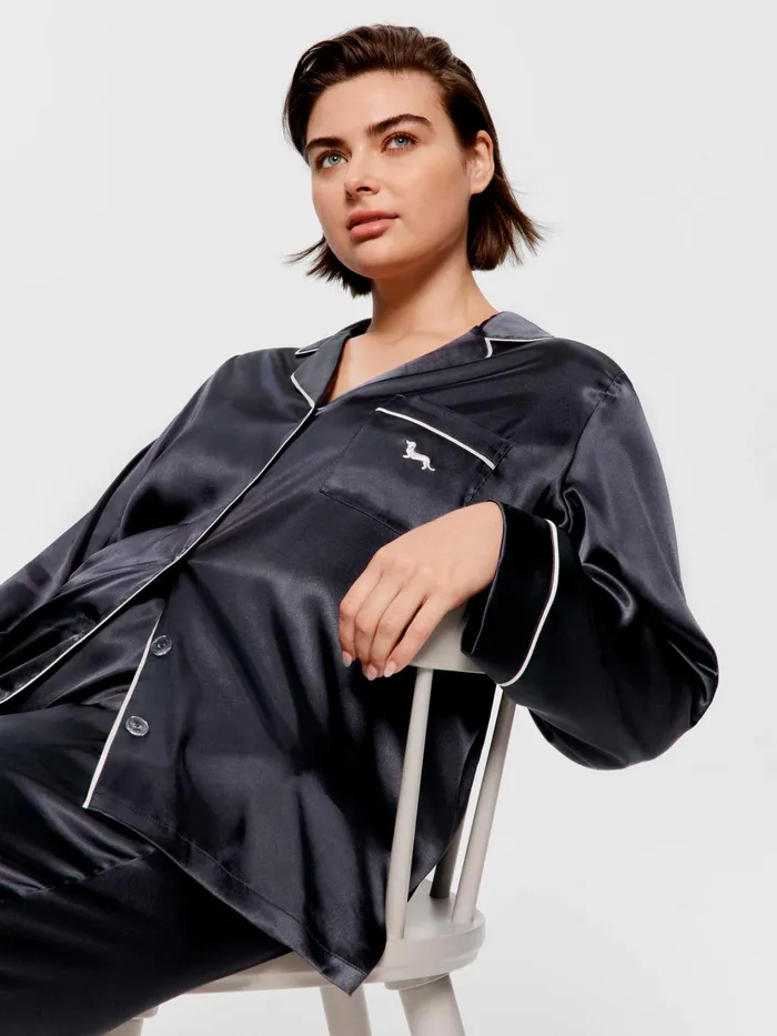 Women PA Plus Charcoal Chic Satin Long Sleeve Pj Set Charcoal Peter Alexander Satin