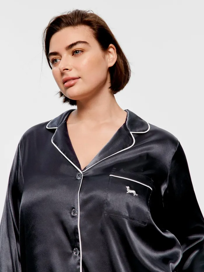 Women PA Plus Charcoal Chic Satin Long Sleeve Pj Set Charcoal Peter Alexander Satin
