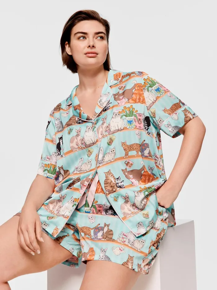 Women PA Plus Karen Mabon Cat Satin Shortie Pj Set Multi Peter Alexander Sets and Onesies