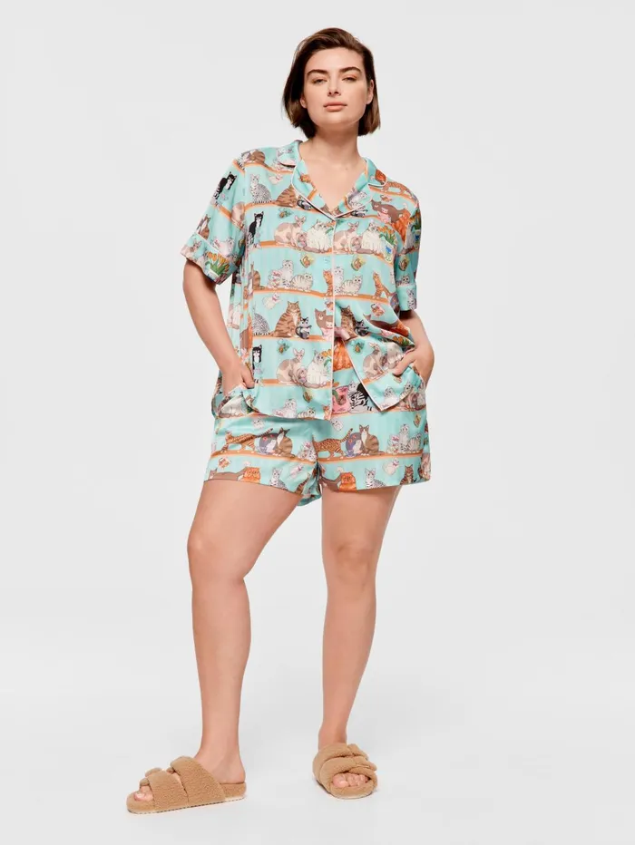 Women PA Plus Karen Mabon Cat Satin Shortie Pj Set Multi Peter Alexander Sets and Onesies