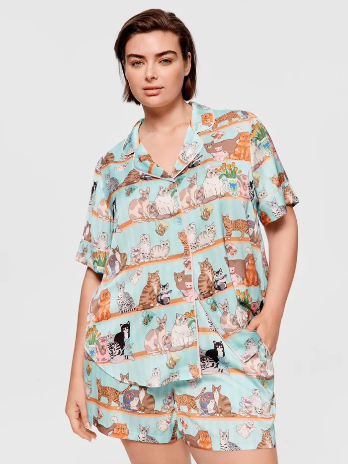 Women PA Plus Karen Mabon Cat Satin Shortie Pj Set Multi Peter Alexander Sets and Onesies